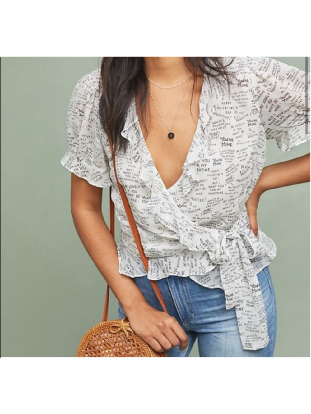 Anthropologie Maeve Women's Love Note Size S Valentine Print Wrap Top Newspaper